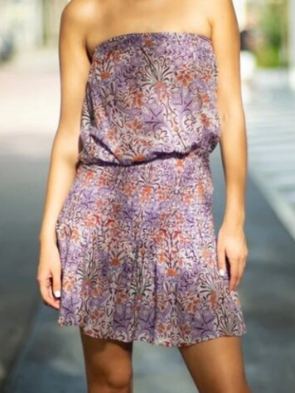Muche et Muchette strapless mini nomad dress in a lavender paisley floral print